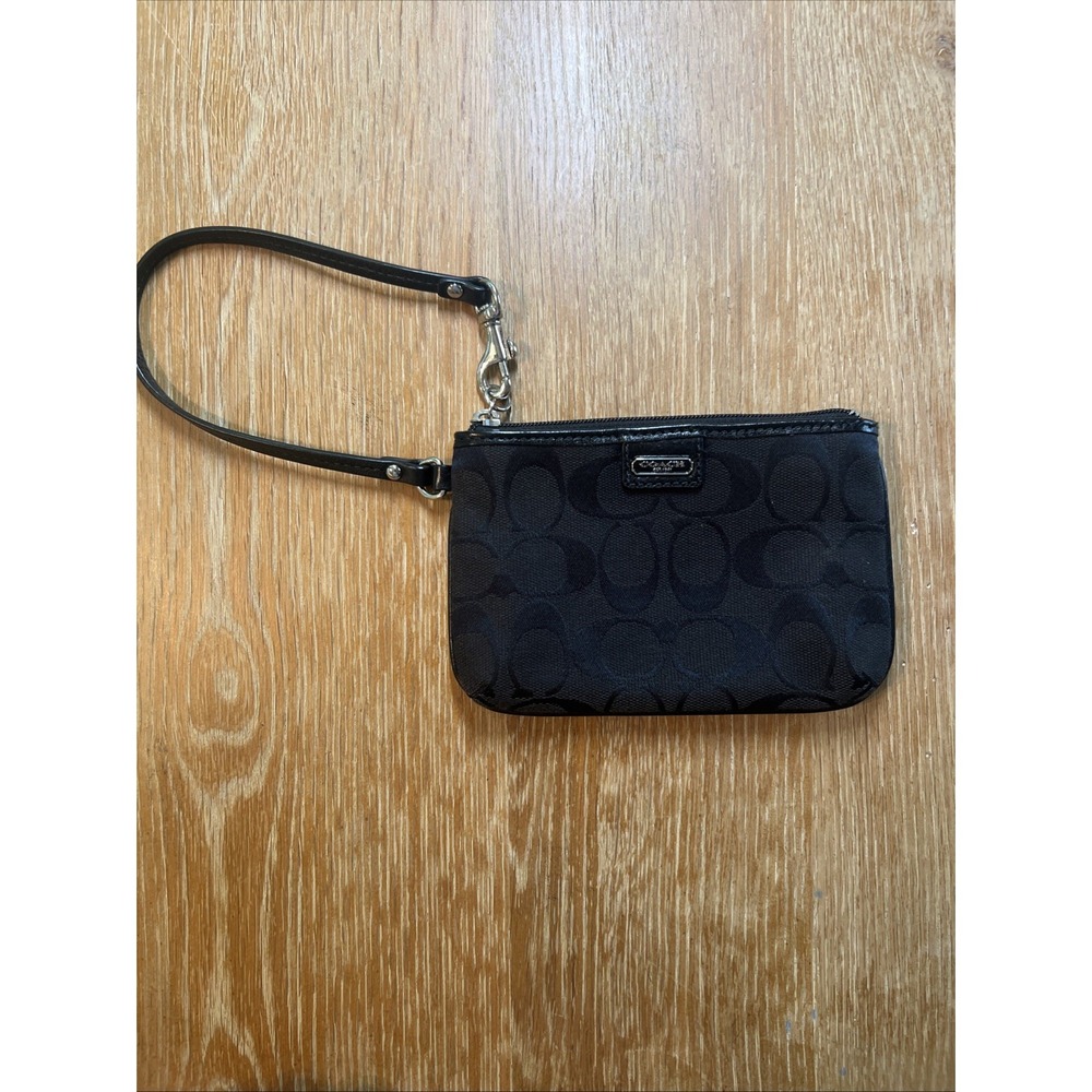 Coach Corner Zip Wristlet Signature Canvas Black Gray